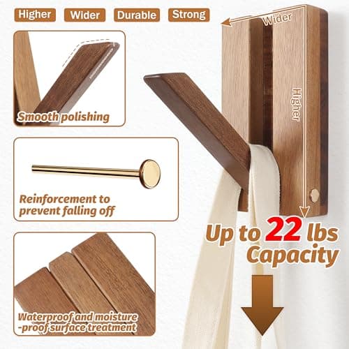 KYIAANY Foldable Wall Hooks 2Pack: Rustic Wooden Coat Hooks Mounted for Heavy Duty Hanging Hats Bags Beach Towels, Space Saving Minimalist Design for Aesthetic Homeowner 4