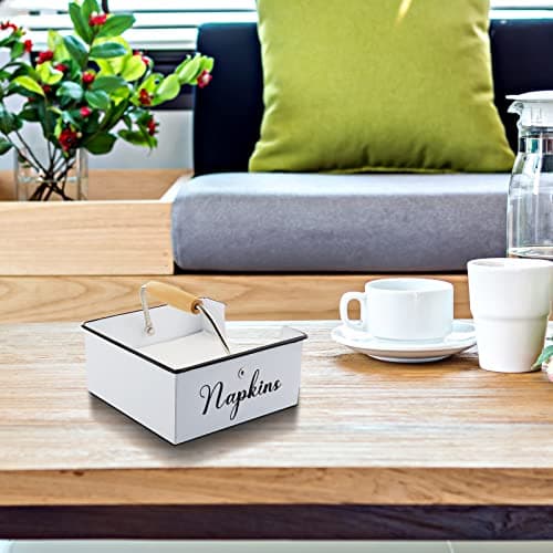 Napkin Holder for Table, Bivvclaz Rustic Metal Napkin Holders for Paper Napkins, Napkin Holders for Kitchen with Wood Accent, Flat Napkin Dispenser for Indoor & Outdoor Use, White 6