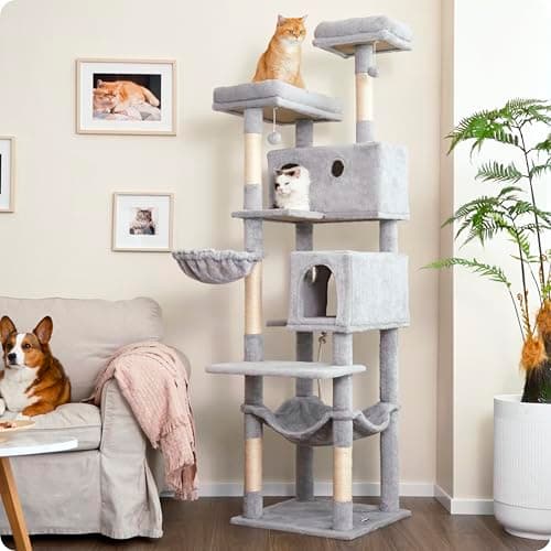 Ouritsu Cat Tree, 73.6 inch Tall Cat Climbing Tower for Large Cat Indoor with 2 Large Condos, 2 Widened Perches, Sisal Covered Scratching Posts, 2 Hammocks, Light Gray, XLF001GA