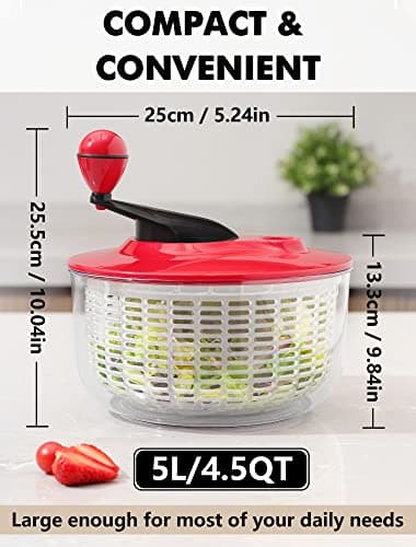 Salad Spinner Large 5L Capacity, Easy to Clean Lettuce Spinner with Bowl, Vegetable Washer Dryer Dishwasher Safe Ideal for Vegetables and Fruits without BPA, Large 4.5 Quart 6