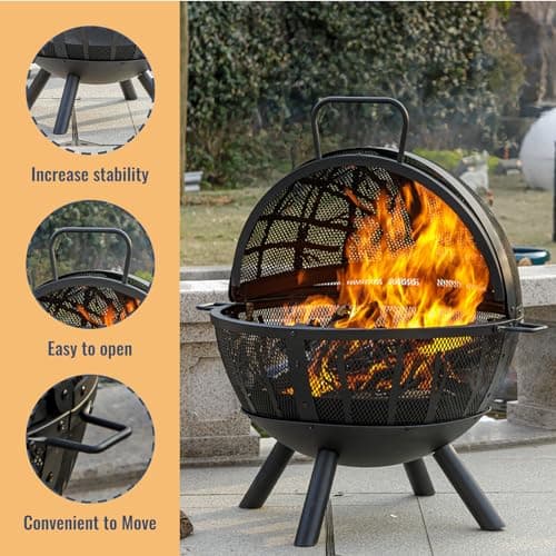 Panovue 35 Inch Wood Burning Fire Pit with BBQ Grill, Heavy Duty Fire Pits Ball for Outside with Spark Screen & Removable Ash Pan, Outdoor firepit & Fireplace for Bonfire in Garden, Yard 6