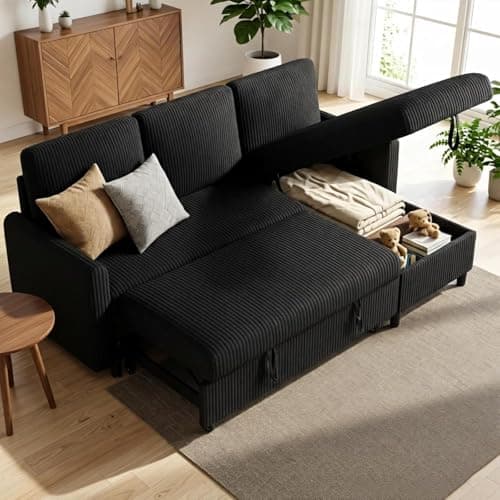 JAMFLY Pull Out Sleeper Sofa Bed with Storage Chaise, L-Shaped Corduroy Sectional Couch, 3-Seater Convertible Sofa with Hidden Storage for Small Living Room, Apartment, Office, Black
