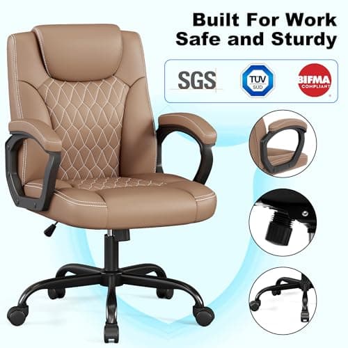 Misolant Office Chair, Executive Desk Chair, PU Leather Comfortable Ergonomic Chairs with Fixed Armrest, Adjustable Height, Rocking Function, 360° Swivel Wheels, Brown 7