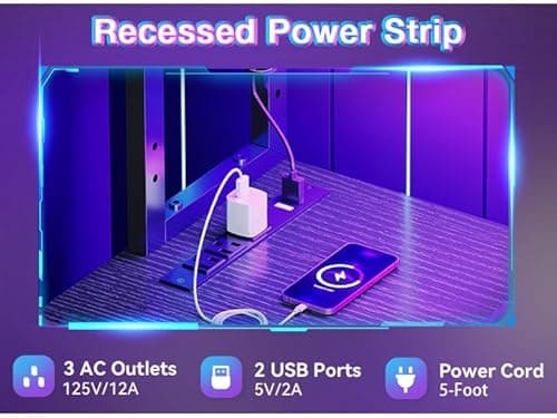 AODK L Shaped Desk Gaming Desk with LED Light & Power Outlet, 53 Inch Reversible L Shaped Computer Table with Shelf & Storage Bag & Hook for Home Office, Black 5