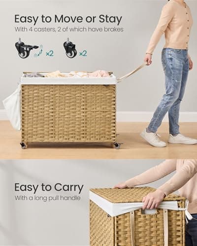 SONGMICS Laundry Hamper with Lid, 55.4 Gallons (210 L), Rolling Laundry Basket with Wheels, 4-Section Synthetic Rattan, Removable Liner, Bedroom, 33.9 x 15.7 x 26 Inches, Natural Color ULCB460Y01 5