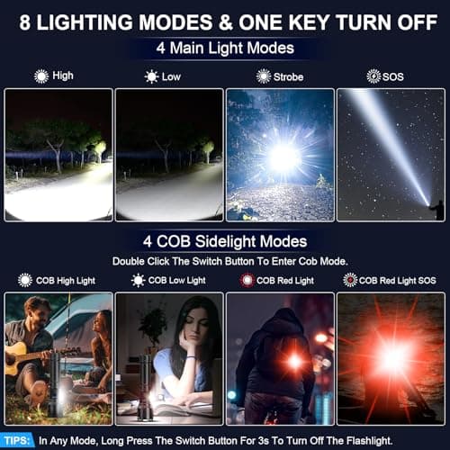 Rechargeable Magnetic Flashlights 100,000 High Lumens, Super Bright LED Powerful Flashlight 8 Modes with COB Work Light, Waterproof Handheld Flash Light for Camping (2 Pack with Leather Box, Black) 7