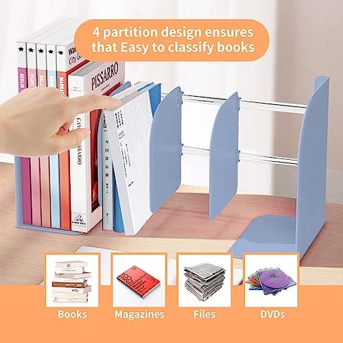 Adjustable BookEnds for Heavy Books, Metal Non-Skid Organizer for Shelves, Home, Office, School - Large Capacity 4 Layers (Blue) 6