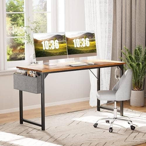 Sweetcrispy Computer Desk - Office 48 Inch Writing Work Student Study Modern Simple Style Wooden Table with Storage Bag & Iron Hook for Home Bedroom - Rustic Brown 7