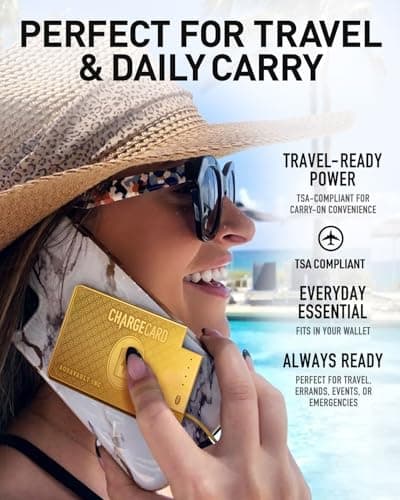 AquaVault ChargeCard – Ultra Slim Emergency Power Bank (2300mAh) – Fits in Wallet – USB-C & Micro-USB – Durable Steel Body – Flight-Safe for iPhone 12-17 & Android - Gold 6