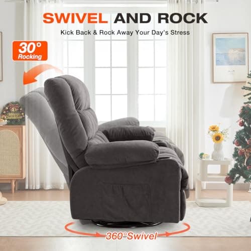 Swivel Recliner Chair for Adults,Oversized Rocker Recliner with Vibration Massage and Lumbar Heat,Ergonomic Rocking Chair with Side Pocket,2 Cup Holders,USB Charge Port for Living Room 5