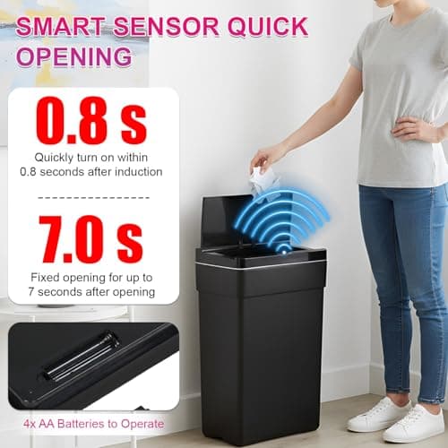 PayLessHere 13 Gallon 50 L Trash Can with Lid Plastic Kitchen Trash Bin Automatic Touch Free Motion Sensor Trash Can (1, Black) 2