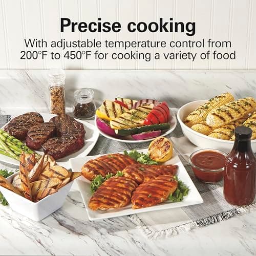 Hamilton Beach Electric Indoor Searing Grill with Viewing Window & Adjustable Temperature Control to 450F, 118 sq. in. Surface Serves 6, PFAS-Free Removable Nonstick Grate, Stainless Steel 5