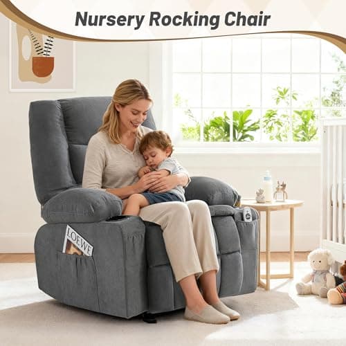 Rocker Recliner Chair with Massage and Heat, Nursery Rocking Chairs for Living Room, Ergonomic Comfy Relining Chair with Cup Holders, USB Charge Port, Side Pockets, Recliner Chair for Adults, Grey 7