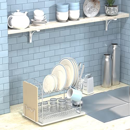 Simple Houseware 2-Tier Stainless Steel Dish Rack with Drainboard, Chrome for Kitchen 8