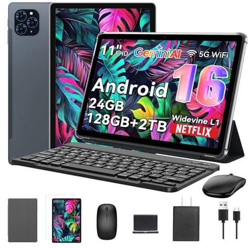 Tablet 2026 World's First Android 16 Tablet with Gemini AI, 11 Inch FHD Display, 24GB RAM 128GB ROM /2TB TF, T7250 CPU+13MP Camera, 8000mAh, Widevine L1, 2 in 1 Tablets with Keyboard Mouse Stylus