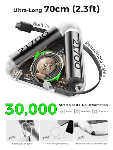 10000mAh Tape Charger, 22.5W Portable Charger Power Bank Fast Charging, USB-C in and Out Travel Essentials Battery Bank, Power Bank with Cables Compatible with iPhone 16 15 Samsung Android Phones 3