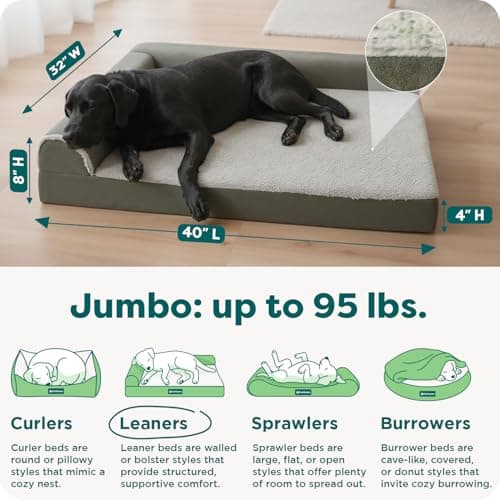 FurHaven Orthopedic Dog Bed for Large Dogs, L-Shaped Chaise Mattress with Orthopedic Egg Crate & Solid Orthopedic Foam Base for Joint Support, Washable Cover, Jumbo XL, Faux Fur & Suede, Dark Sage 3