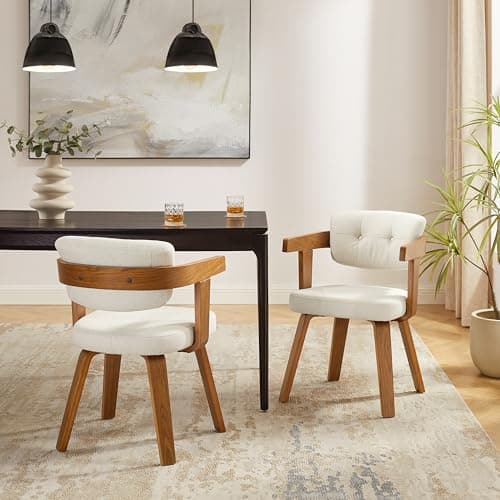 Art Leon Office Chair No Wheels - Mid Century Modern Desk Chair, Fabric Upholstered Accent Arm Chair with Wood Legs for Small Spaces Home Office Living Room Bedroom Study, Off White/Walnut 8