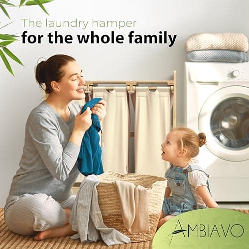 AMBIAVO Laundry Hamper 3 Section beige - Large Bamboo Laundry Sorter with Removable Cotton Bags -Three Compartment Organizer for Clothes - Durable, Eco-Friendly, and Stylish Storage Solution for Home 5