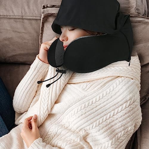 Cirorld Neck Pillow for Travel, Memory Foam Travel Pillow with Hood, Adult Airplane Pillow for Head Rest Neck Support, Portable Pillow for Office Cars Trains Long Flights Sleeping (Black) 7