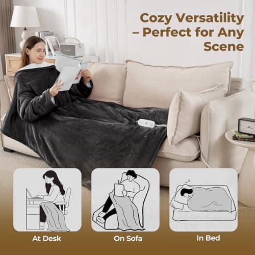 Kozyus Wearable Heated Blanket with Foot Pocket & Sleeves, Electric Blanket Heated Robe for Women & Men, 5 Heat Settings, 3H Auto-Off, Machine Washable, ETL Certified, Gift-Ready, 50x70 Inches, Grey 5