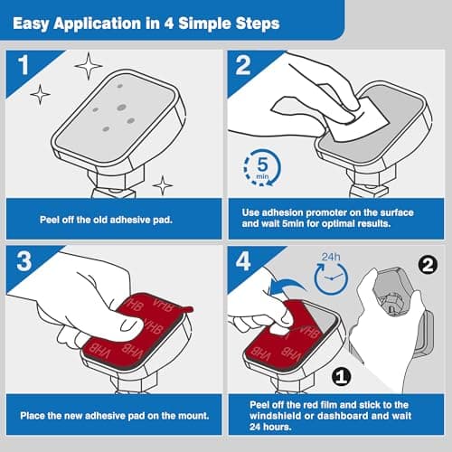 4-Pack Double-Sided Adhesive Pads for Dash Cam Mount – Heat-Resistant High-Bond Replacement Tape – 2 Square & 2 Rectangular Pads for Windshield and Dashboard – Includes Adhesion Promoter 6