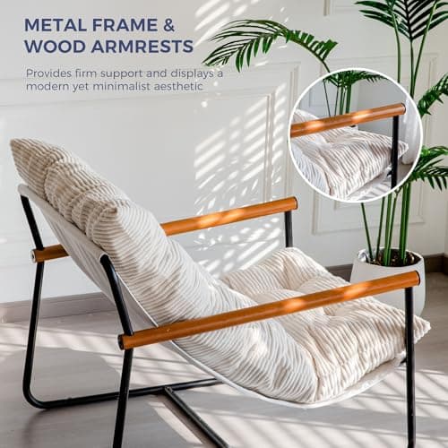 MAXYOYO Modern Accent Chair, Comfy Living Room Chair with Metal Frame Wooden Armrest, Upholstered Armchair with Soft Cushion for Bedroom Balcony Lounge Reading Room, Beige 7