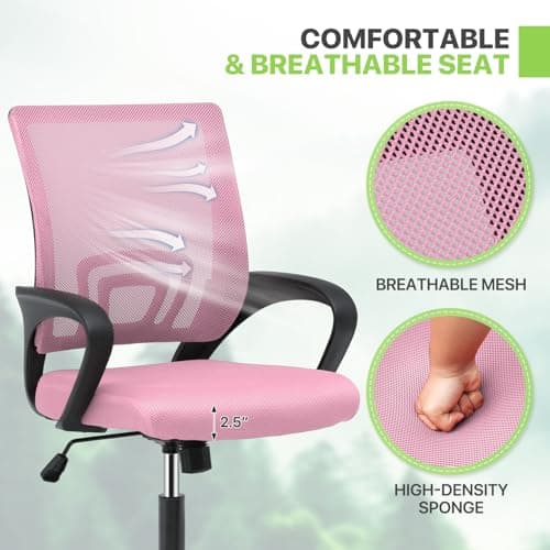 Magshion Office Chair, Ergonomic Mid-Back Mesh Desk Chair, Rolling Computer Chair with Lumbar Support & Comfy Armrests for for Gaming, Work, Study, 300 Lbs Capacity, Pink 6