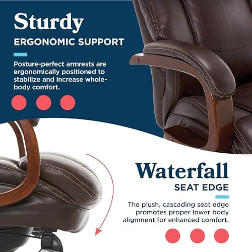 La-Z-Boy® Fairmont Big and Tall Executive Office Chair with Memory Foam Cushions, High-Back Swivel Desk Chair with Wood Arms and Base, Bonded Leather, Brown 9