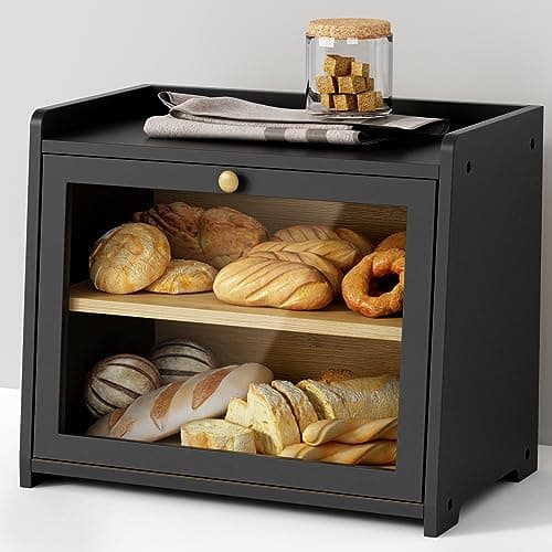 Goozii Double Layer Bread Box for Kitchen Countertop, Large Bread Storage Container for Counter Top, 2 Tier Wood Farmhouse Vintage Breadbox for Homemade Bread, Corner, Cabinet, Pantry (Black)