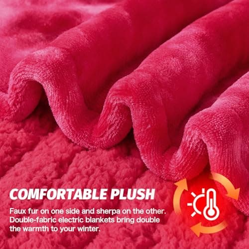 greenoak Heated Electric Blanket Throw, Faux Fur Sherpa Heating Blanket for Sofa Bed, Warm Winter Gifts for Mom/Grandma, Heater Lap Blankets 5-Position Timer &10 Heating Levels 50''*60" Red 7