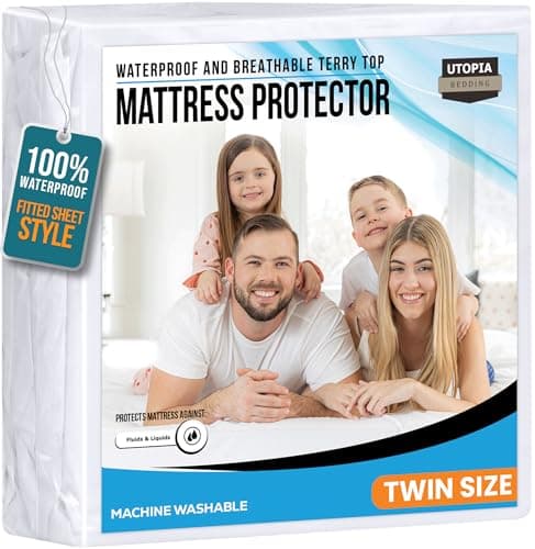 Utopia Bedding Waterproof Mattress Protector Twin Size, Premium 200 GSM Terry Mattress Cover, Soft & Breathable Bed Cover, Fitted Sheet Style with Stretchable Deep Pockets 15" (White)