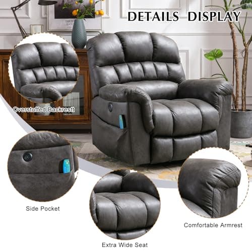 CANMOV Large Power Lift Recliner Chairs with Massage and Heat for Elderly Big People, Heavy Duty Electric Faux Leather Reclining Chairs with USB Port and 2 Side Pockets, Grey 5