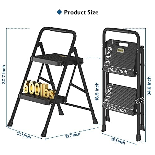 BONTEC 2-Step Ladder, Folding Step Stool, 600lbs Max Load Capacity, Sturdy Steel, Non-Slip Pedals, Lightweight, Portable Steel Ladder with Convenient Handrail, Safety Design for Home & Work, Black 7