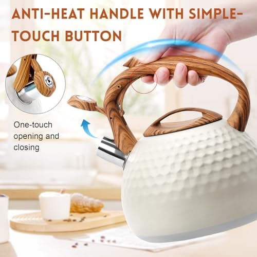GGC Tea Kettle for Stove Top, Loud Whistling Kettle for Boiling Water Coffee or Milk, 3.1 Quart 3L Heavy Stainless Steel White Kettles with Wood Pattern Handle, Unique Button Control Kettle Outle 5