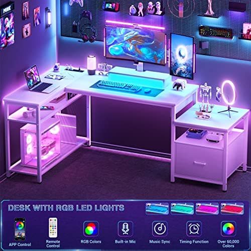 Aheaplus L Shaped Desk with Power Outlet, Standing Home Office Desk with Lift Top and File Drawer, 63'' Corner Computer Desk with Monitor Stand&Printer Shelves, Gaming Desk with Led Lights, White 5