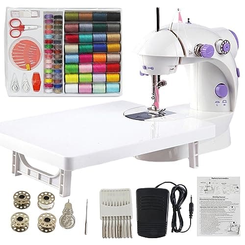 Mini Sewing Machine for Beginner, Sewing Kit in 64 Colors, Dual Speed Portable Machine with Extension Table, Light,Travel, Sewing Kit for Household, (White Purple)