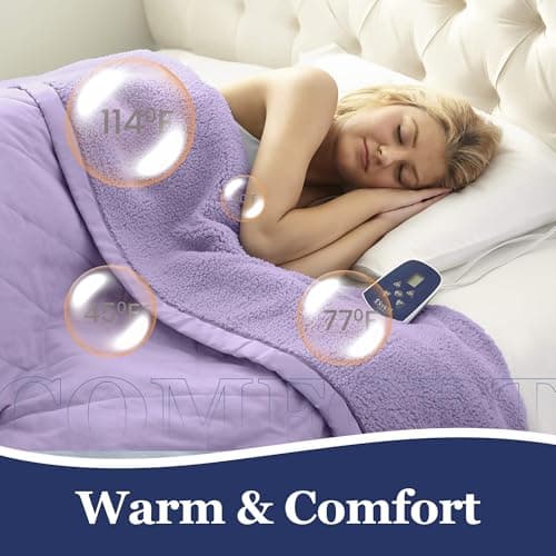 Thermee Micro Flannel Heated Blanket with Sherpa Back, 10-Setting Programmable Electric Blanket - King Size, Ultra-Soft Heated Throw - Lilac 7