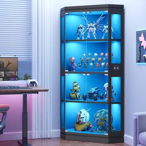 Jocoevol Corner Display Cabinet with Glass Doors, 4-Tier Display Cases for Collectibles with RGB Lights, 67'' Tall Corner Curio Cabinet with Human Body Sensor for Living/Game Room, Black 8