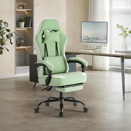 Sweetcrispy Computer Gaming Chair - High Back Ergonomic Desk Chair with Footrest and Lumbar Support, Height Adjustable Task Chair with Linkage Armrests and Headrest, 360° Swivel Wheels, Green 8