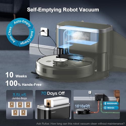 MAMNV Robot Vacuum and Mop, 11500 Pa Suction, 3-in-1 Robotic Vacuum with Smart LiDAR Navigation, 90 Day Self-Emptying,160 Min Runtime,App/Alexa/Voice Control, Ideal for Pet Hair, Carpet & Hard Floor 6