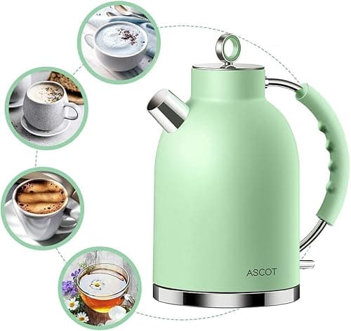 ASCOT Electric Kettle, Stainless Steel Tea Boiler 1.6qt 1500W Retro Tea Heater & Boiling Kettle, Auto Shut-Off and Boil-Dry Protection(Matte Green) 8