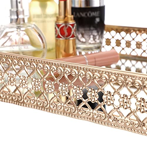 ELLDOO Gold Perfume & Makeup Vanity Tray - Hollow-Carved Jewelry Storage, Glass & Metal Trinket Organizer for Dresser & Bathroom Countertop, Large Size 5