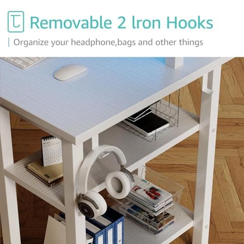 Lufeiya White Desk with Drawers Storage - 47 inch Home Office Computer Gaming Desks with Monitor Stand LED Lights and Power Outlets, White 8