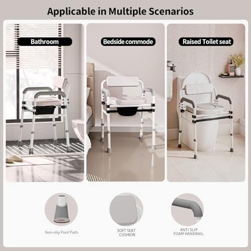Adjustable Medical Bedside Commode Chair with Padded Backrest, Drop Arm Support, Height Adjustable 8