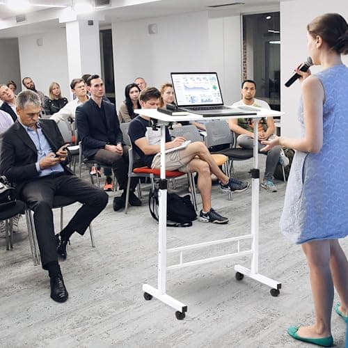 Small Standing Desk Adjustable Height,Rolling Computer Desk,Mobile Standing Desk with Wheels,Portable Stand Up Desk,Tall Computer Table,Adjustable Desktop Sit Stand Desk,Size 31.5x15.7 Inch White 6