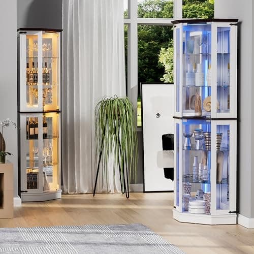 PAKASEPT 71'' Farmhouse Display Curio Cabinet with LED Lights,Tempered Glass Doors,6 Shelves,Floor Standing Display Cage Corner Wine Cabinet Storage Rack for Bar and Liquor Storage,White 6
