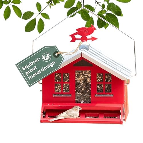 Perky-Pet Squirrel-Be-Gone II Country House Bird Feeder with Weathervane - 8 lb Seed Capacity - Squirrel Proof Wild Bird Feeder for Outdoors - Durable Construction - Rustic Outdoor Decor - 338, Red
