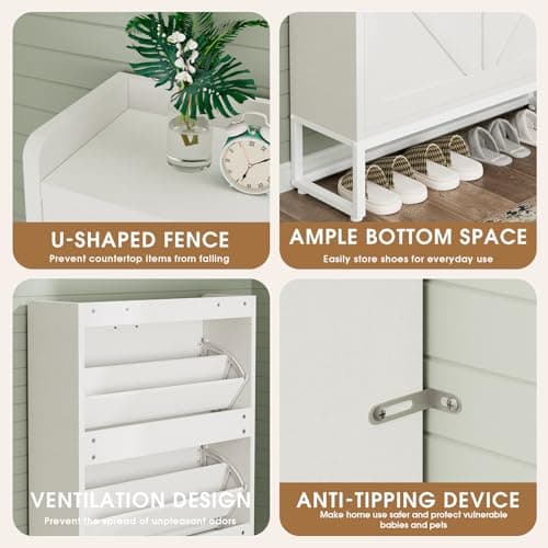 GRUSIGN Shoe Cabinet, Shoe Storage Cabinet with 2 Flip Drawers & Adjustable Shelf, Space-Saving Shoe Organizer – Holds 16+ Pairs, Narrow Shoe Cabinet Storage for Entryway/Hallway（Ivory ） 5