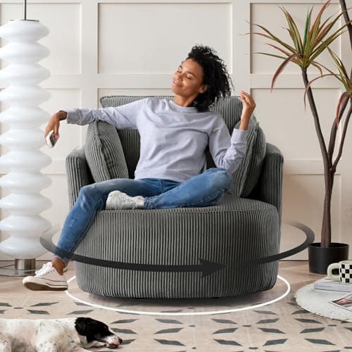 Chorlenimi Swivel Accent Chair Round Barrel Armchair Upholstered Living Room Chair Corduroy Reading Chair Single Sofa Chair for Bedroom Apartment Office (Green, Standard) 6